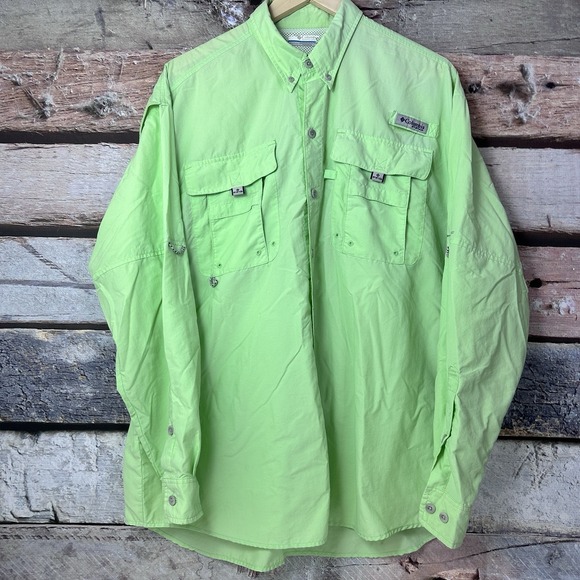 Columbia PFG Shirt Long Sleeve Lime Green Fishing Vented Mens Large Omni Shade - Picture 4 of 13